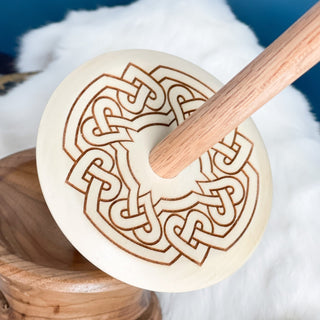 Handmade White Holly Wood Spindle with Celtic Knotted Hearts - Copia Cove