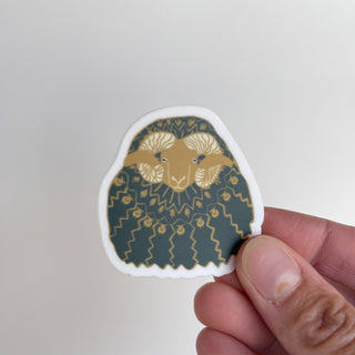 Ram Sticker Icelandic Sheep in Icelandic Sweater - 2" Green and Gold - Copia Cove