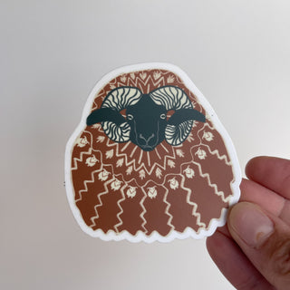 Ram Sticker Icelandic Sheep in Icelandic Sweater - 3" Brown and Green - Copia Cove