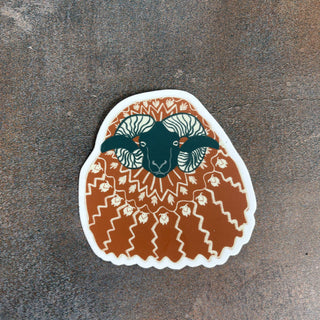 Ram Sticker Icelandic Sheep in Icelandic Sweater - 3" Brown and Green - Copia Cove