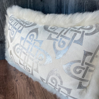 Silver Geometric Skinnfell Pillow in White Sheepskin with Wool Insert 20" Icelandic Sheepskin Viking Home Decor - Copia Cove