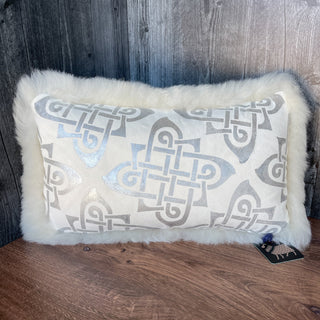 Silver Geometric Skinnfell Pillow in White Sheepskin with Wool Insert 20" Icelandic Sheepskin Viking Home Decor - Copia Cove