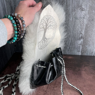 Viking Belt Pouch Skinnfell - Black and White with Yggdrasill Tree of Life - Cross Body Bag or Purse - Copia Cove