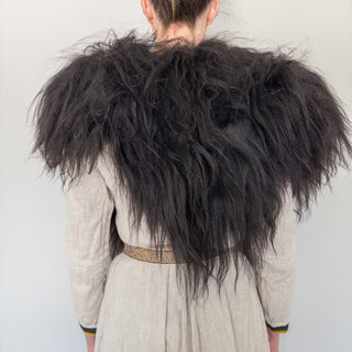 Viking Fur Mantle Black Long Wool Sheepskin "A" Shieldmaiden Shoulder Cape - Copia Cove