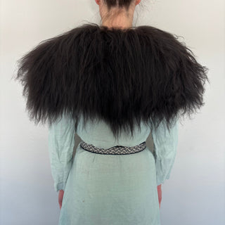 Viking Fur Mantle Black Long Wool Sheepskin "C" Shieldmaiden Shoulder Cape - Copia Cove