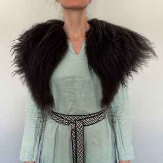 Viking Fur Mantle Black Long Wool Sheepskin "C" Shieldmaiden Shoulder Cape - Copia Cove