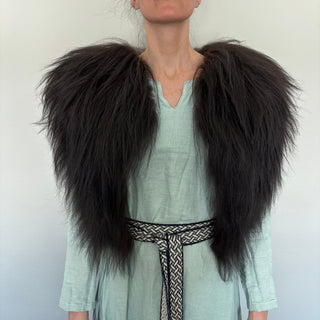 Viking Fur Mantle Black Long Wool Sheepskin "E" Shieldmaiden Shoulder Cape - Copia Cove