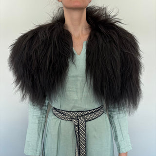 Viking Fur Mantle Black Long Wool Sheepskin "F" Shieldmaiden Shoulder Cape - Copia Cove