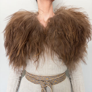 Viking Fur Mantle Brown Long Wool Sheepskin "C" Shieldmaiden Shoulder Cape - Copia Cove