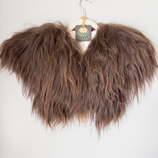 Viking Fur Mantle Brown Long Wool Sheepskin "D" Shieldmaiden Shoulder Cape - Copia Cove