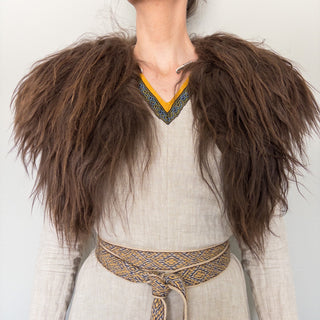 Viking Fur Mantle Brown Long Wool Sheepskin "D" Shieldmaiden Shoulder Cape - Copia Cove