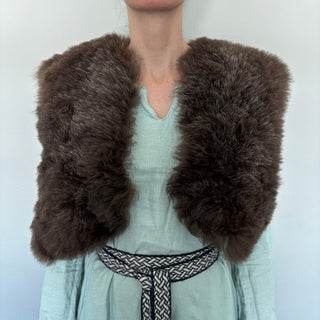 Viking Fur Mantle Brown with Silvering Short Wool Sheepskin "R" Shieldmaiden Shoulder Cape - Copia Cove