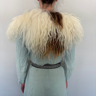 Viking Fur Mantle Curly White and Brown Long Wool Sheepskin "B" Shieldmaiden Shoulder Cape - Copia Cove