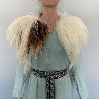 Viking Fur Mantle Curly White and Brown Long Wool Sheepskin "B" Shieldmaiden Shoulder Cape - Copia Cove