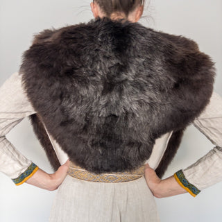 Viking Fur Mantle Silvered Black Short - Wool Sheepskin "Q" Shoulder Cape - Copia Cove