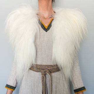 Viking Fur Mantle White Long Wool Sheepskin "F" Shieldmaiden Shoulder Cape - Copia Cove