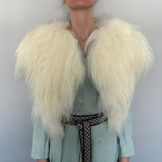 Viking Fur Mantle White Long Wool Sheepskin "X" Shieldmaiden Shoulder Cape - Copia Cove