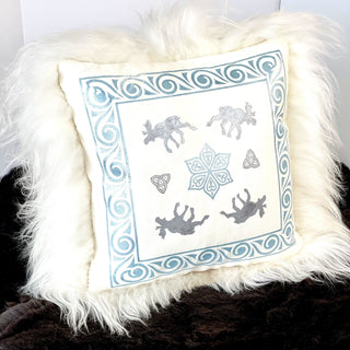 Handmade Skinnfell Sheepskin Pillow - SKADI Goddess Snow Moose Design - 18" x 18" Cushion with Wool Insert - Icelandic Sheepskin Viking Home Decor - Copia Cove Icelandic Sheep & Wool