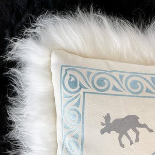 Handmade Skinnfell Sheepskin Pillow - SKADI Goddess Snow Moose Design - 18" x 18" Cushion with Wool Insert - Icelandic Sheepskin Viking Home Decor - Copia Cove Icelandic Sheep & Wool