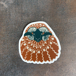 Ram Sticker Icelandic Sheep in Icelandic Sweater - 3" Brown and Green - Copia Cove