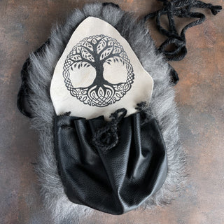 Viking Belt Pouch Purse with Skinnfell Design - Black Gray with Yggdrasill Tree of Life - Copia Cove