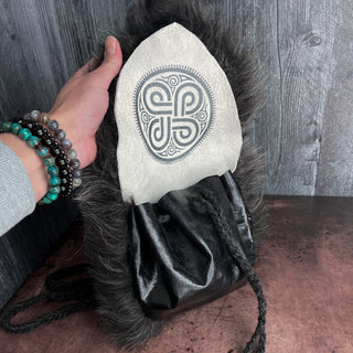 Viking Belt Pouch Skinnfell - Black and Gray Four Blessings - Cross Body Bag or Purse - Copia Cove