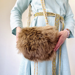 Viking Pouch Drawstring with Flap - Brown Sheepskin with Shield Maiden Skinnfell - Handmade Norse Style Sheepskin and Icelandic Wool Cross Body Bag - Copia Cove Icelandic Sheep & Wool